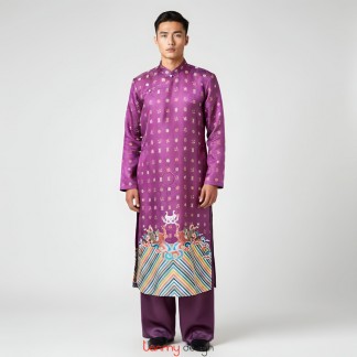 Men-s traditional Vietnamese long tunic in purple printed fabric